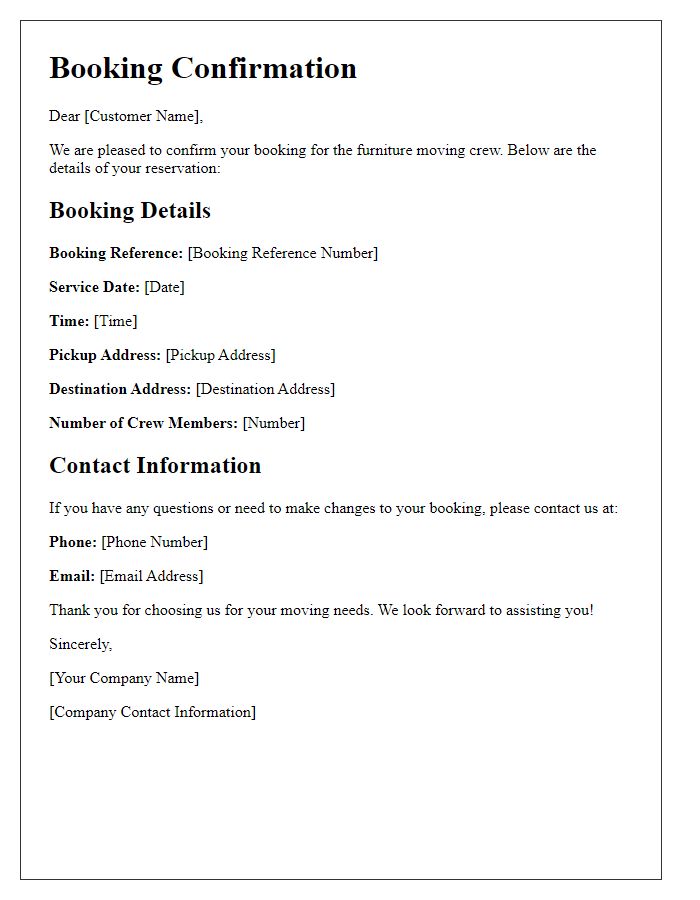 Letter template of confirmation for furniture moving crew booking