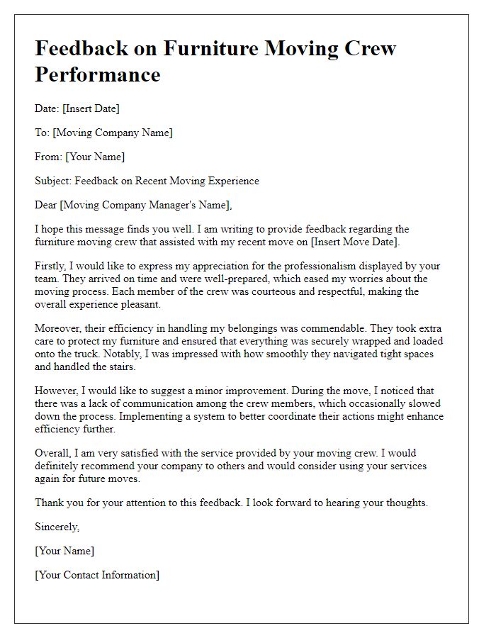 Letter template of feedback for furniture moving crew performance