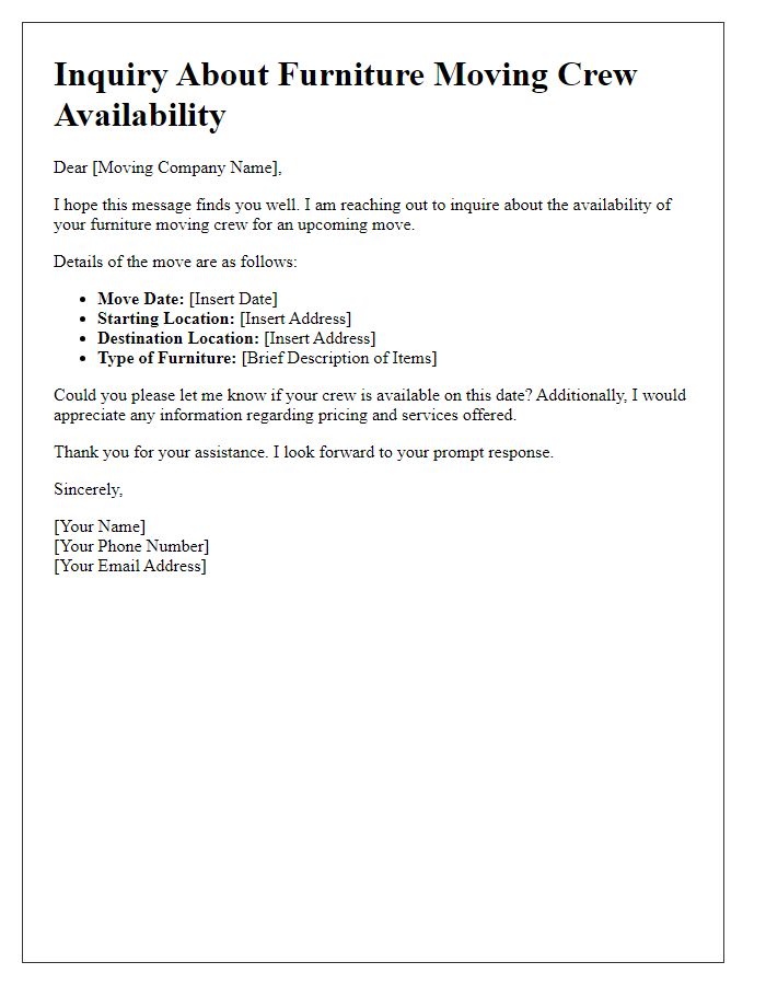 Letter template of inquiry about furniture moving crew availability