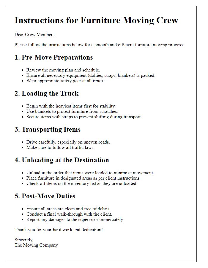 Letter template of instructions for furniture moving crew tasks