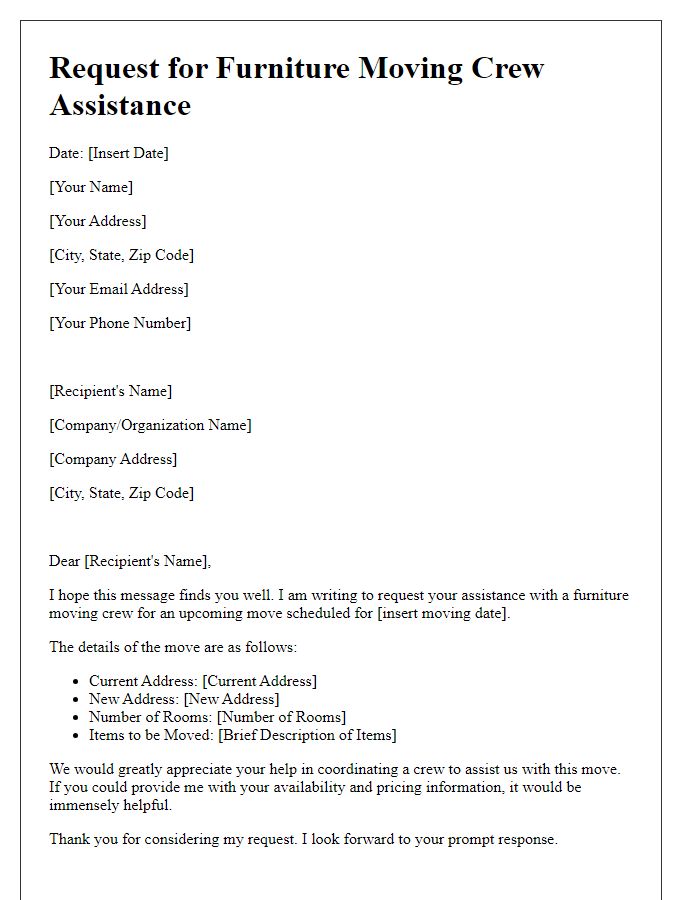 Letter template of request for furniture moving crew assistance