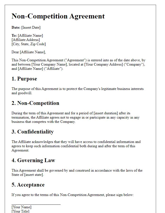 Letter template of Non-Competition Agreement for Business Affiliates