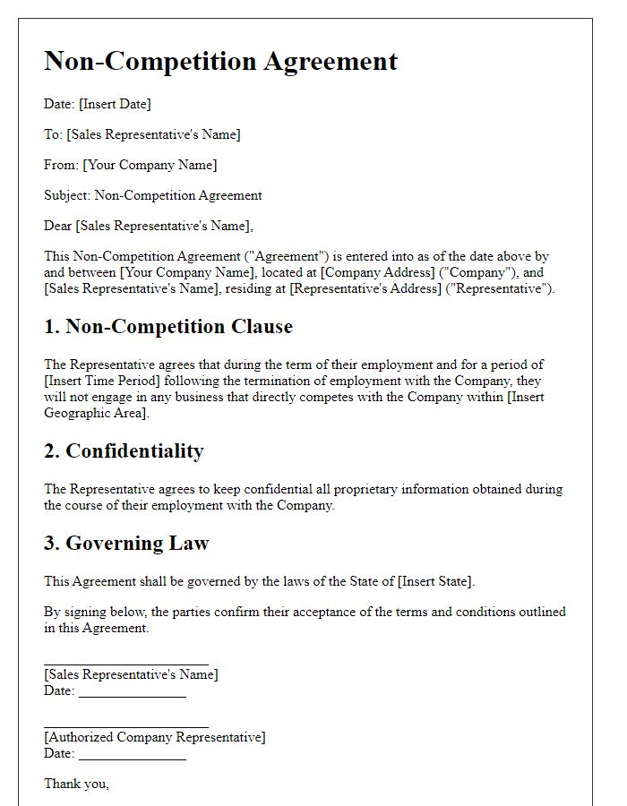 Letter template of Non-Competition Agreement for Sales Representatives