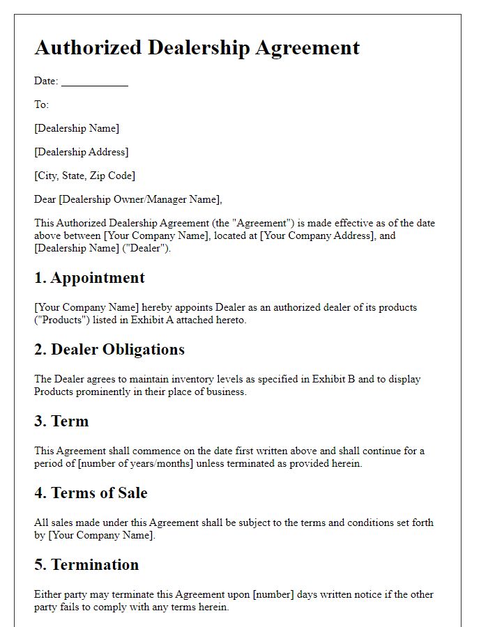 Letter template of authorized dealership contract for consumer products