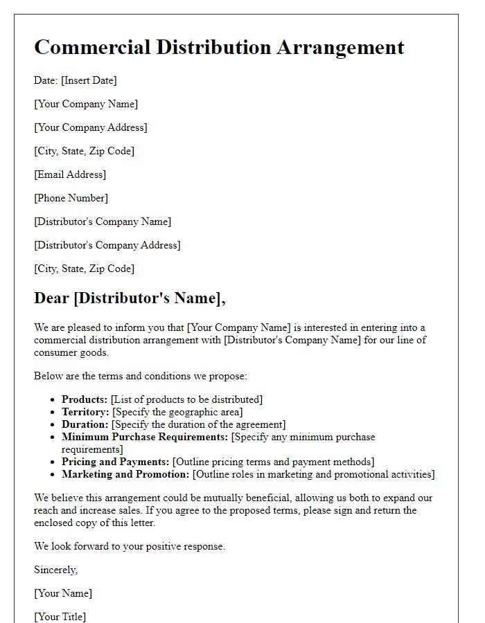 Letter template of commercial distribution arrangement for consumer goods