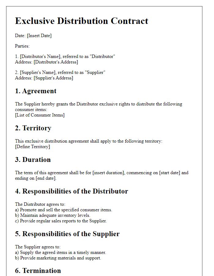 Letter template of exclusive distribution contract for consumer items