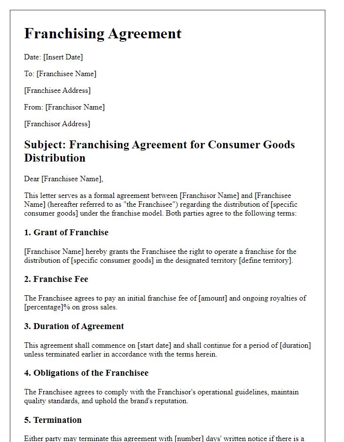 Letter template of franchising agreement for consumer goods distribution