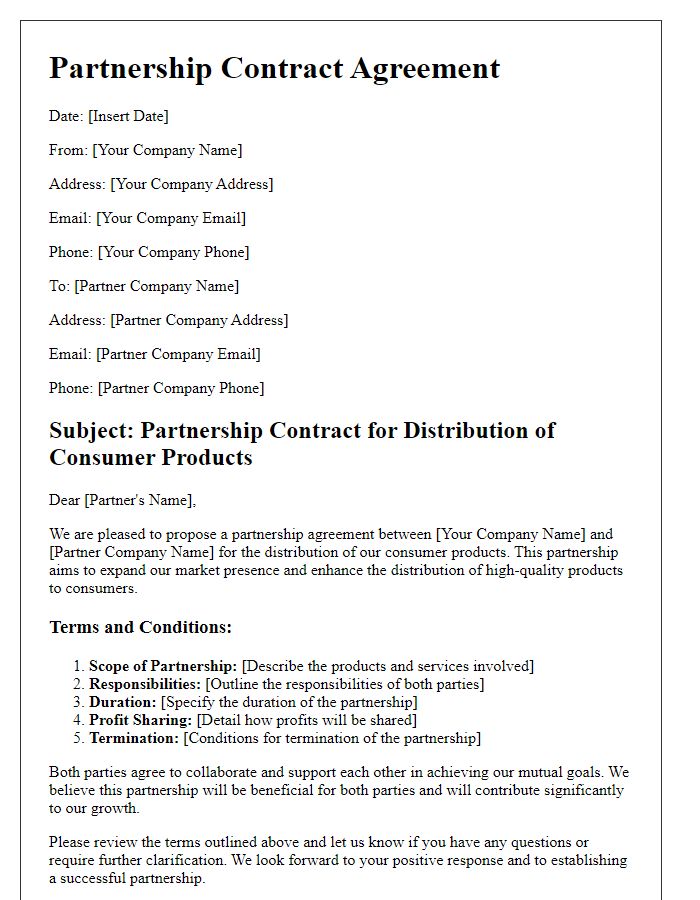 Letter template of partnership contract for distributing consumer products