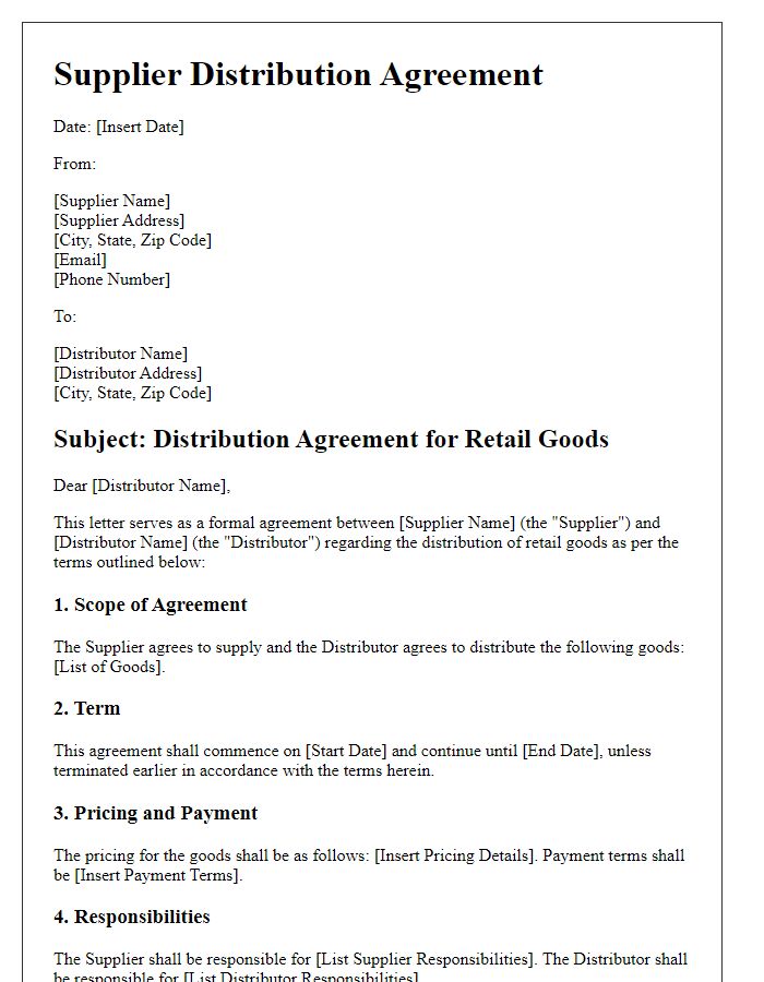 Letter template of supplier distribution agreement for retail goods