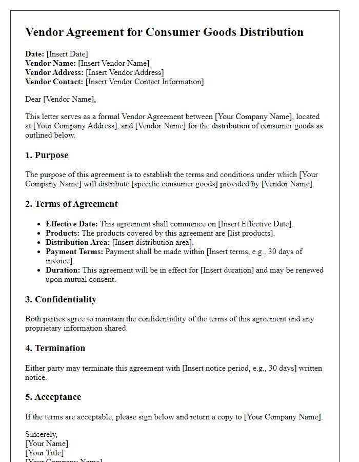 Letter template of vendor agreement for consumer goods distribution