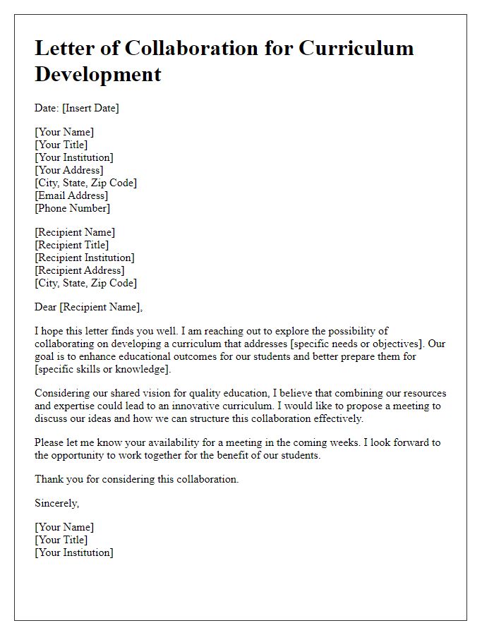 Letter template of curriculum development collaboration