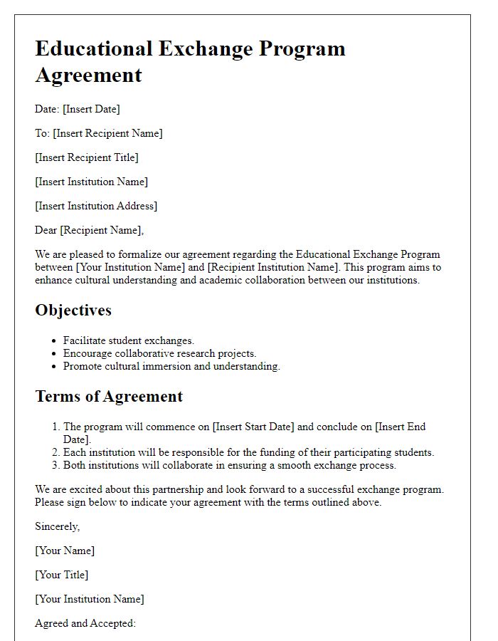 Letter template of educational exchange program agreement