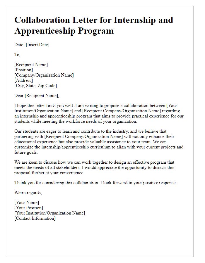 Letter template of internship and apprenticeship collaboration