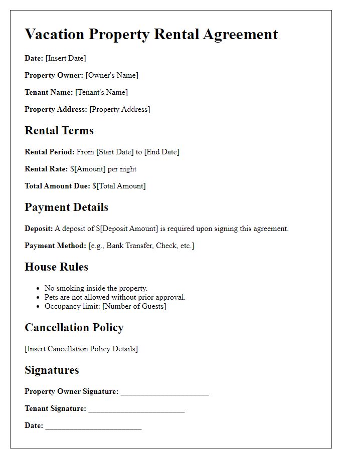 Letter template of vacation property rental agreement for families.