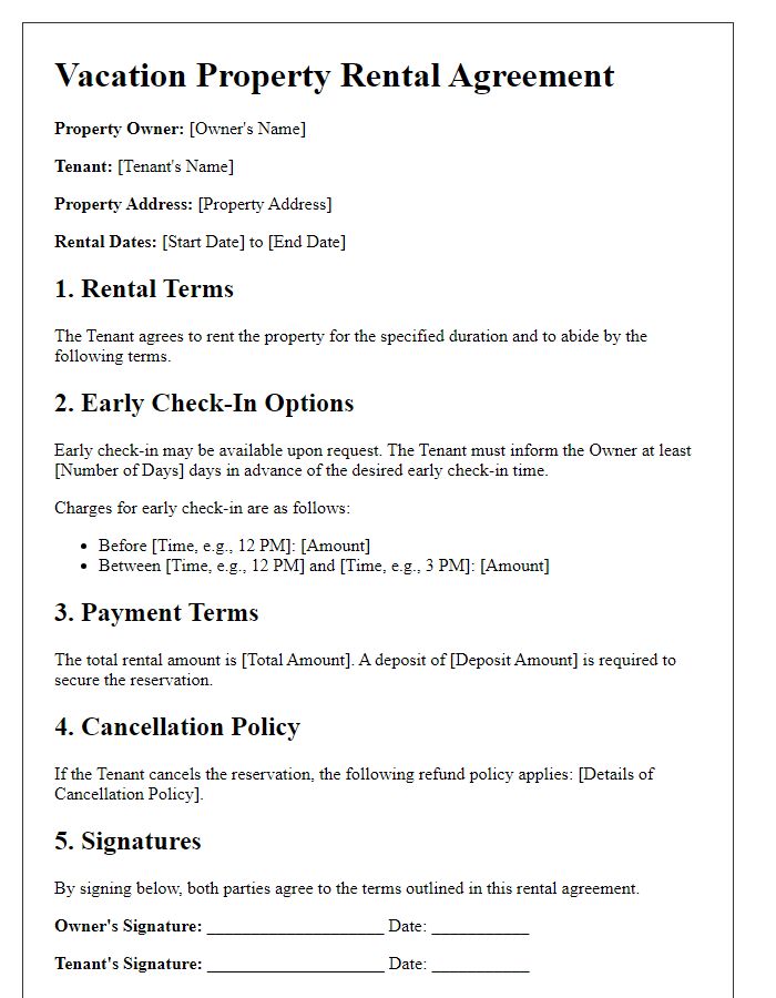 Letter template of vacation property rental agreement featuring early check-in options.