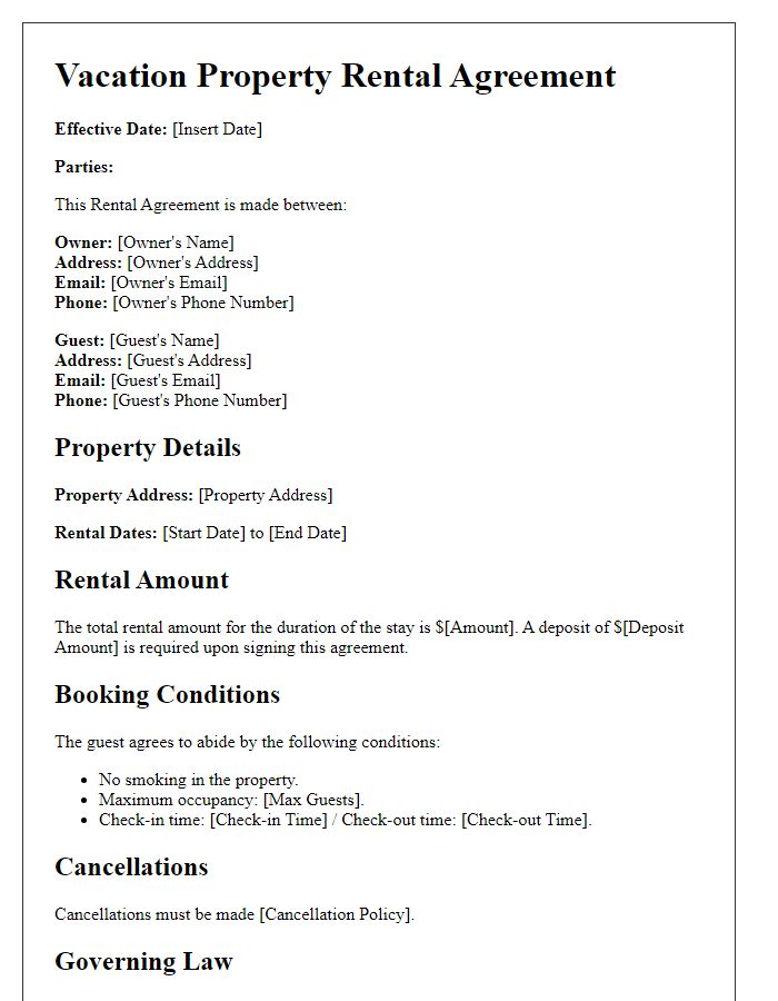 Letter template of vacation property rental agreement for shared accommodations.