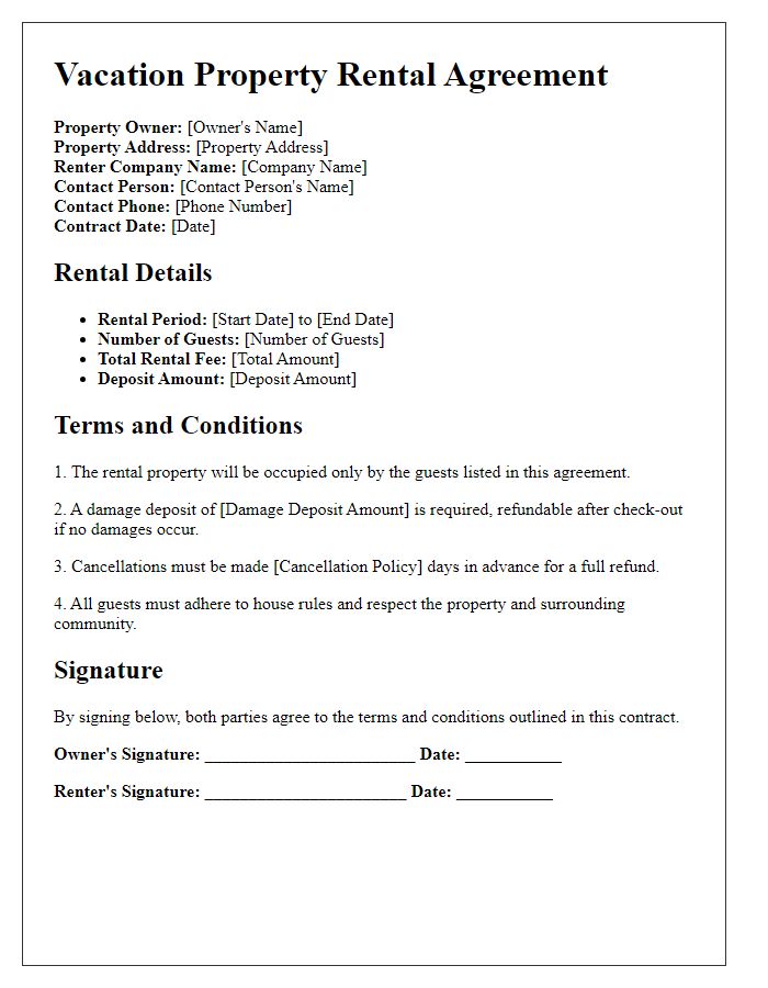 Letter template of vacation property rental contract for corporate retreats.