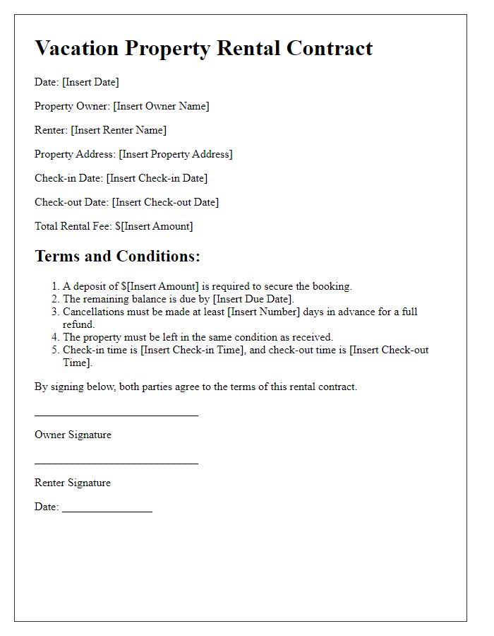 Letter template of vacation property rental contract for last-minute bookings.