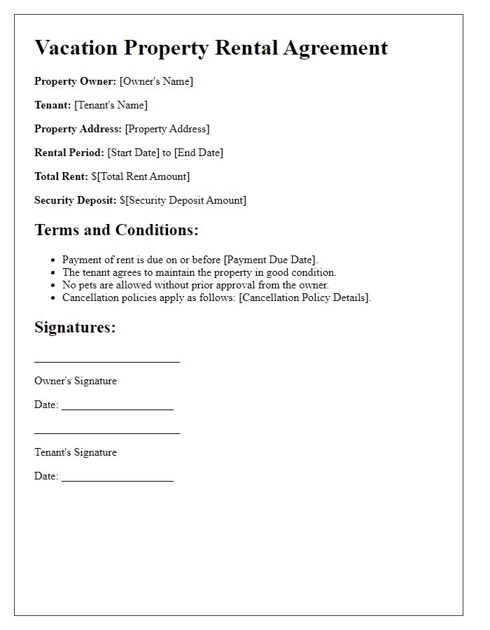 Letter template of vacation property rental contract for seasonal rentals.