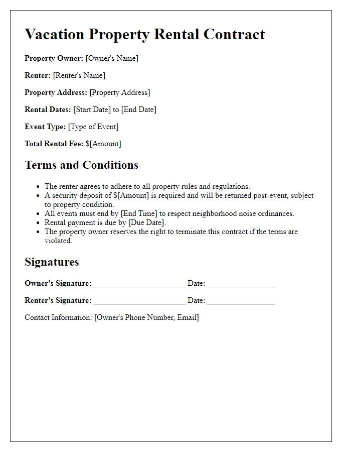 Letter template of vacation property rental contract for special events.