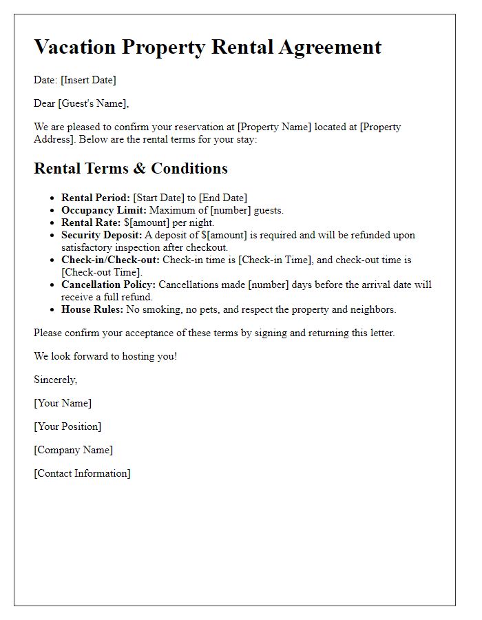 Letter template of vacation property rental terms for luxury properties.