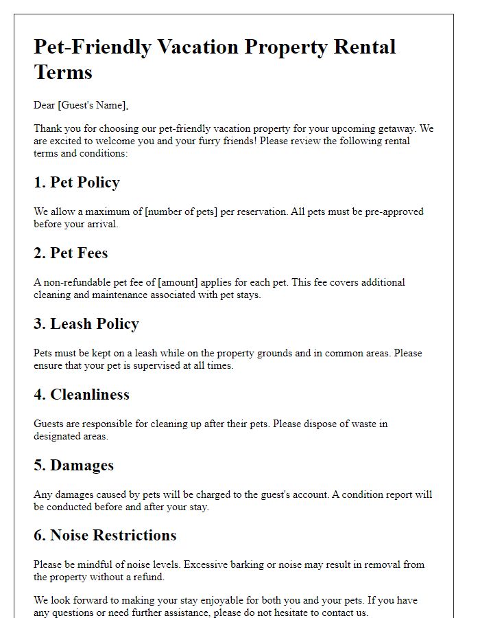 Letter template of vacation property rental terms for pet-friendly accommodations.