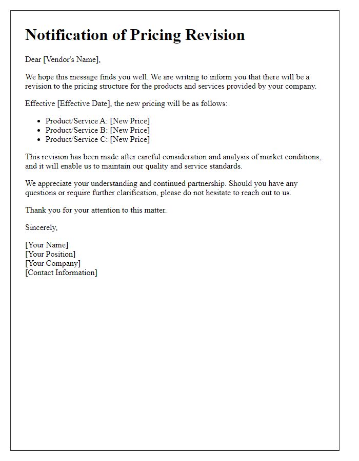 Letter template of notification for vendor pricing revision.