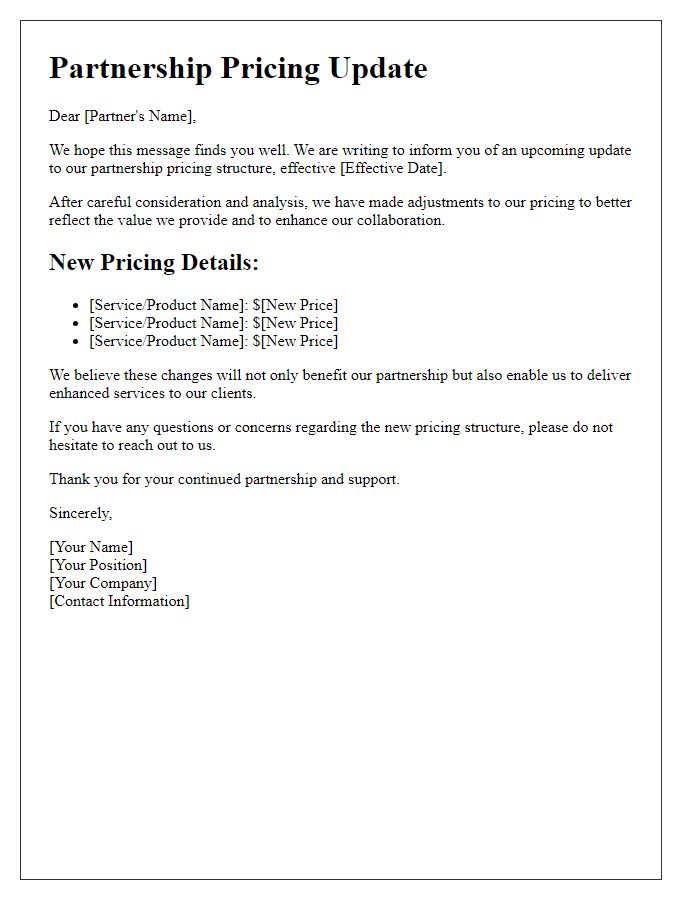 Letter template of partnership pricing update.