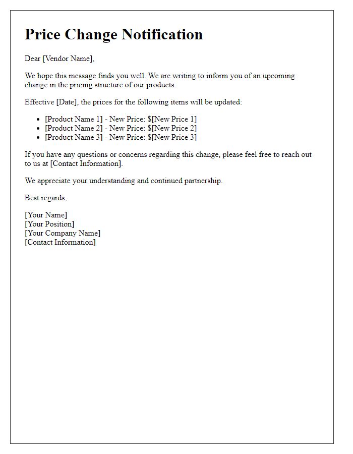 Letter template of price change alert for vendors.