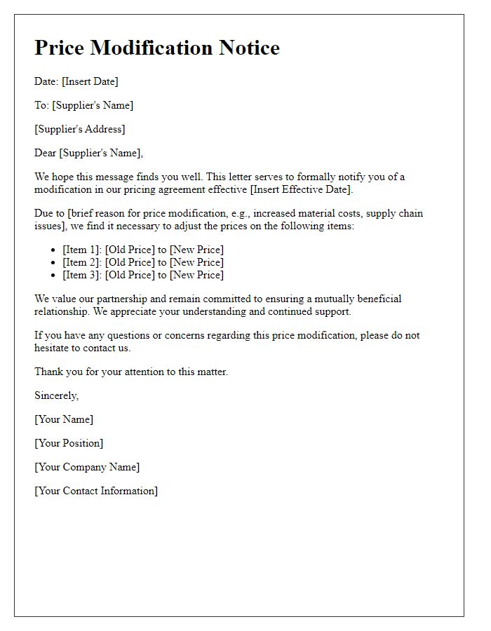 Letter template of price modification for suppliers.