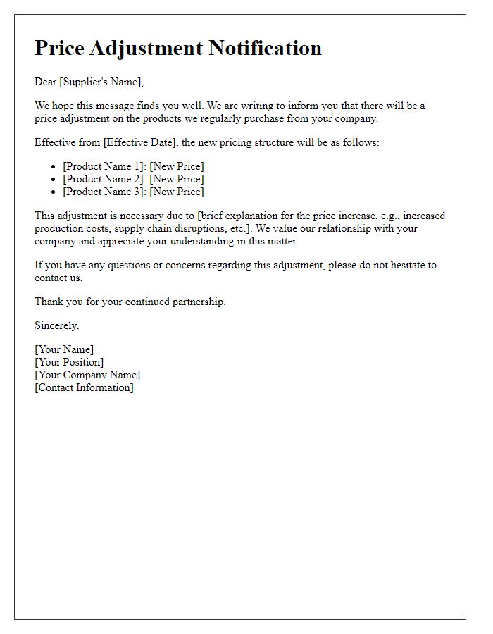 Letter template of supplier price adjustment notification.