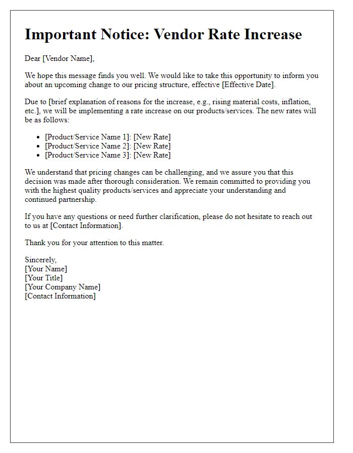 Letter template of vendor rate increase communication.