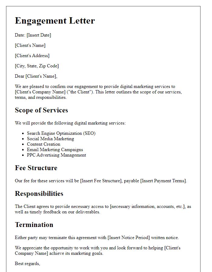 Letter template of digital marketing service engagement letter