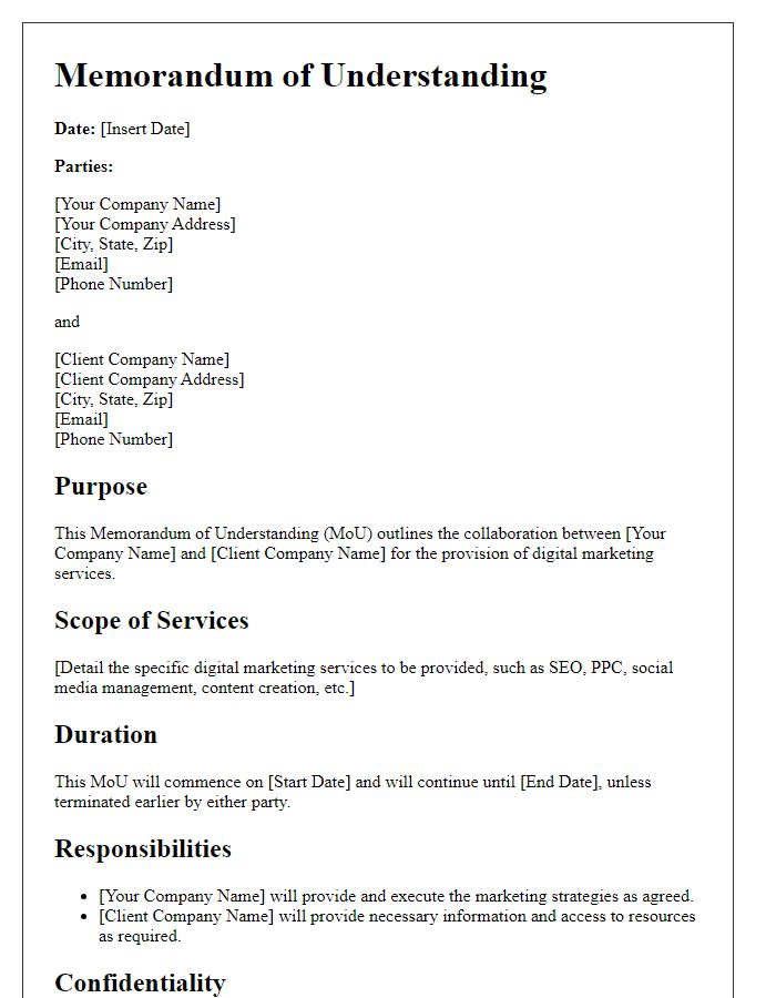 Letter template of digital marketing service memorandum of understanding