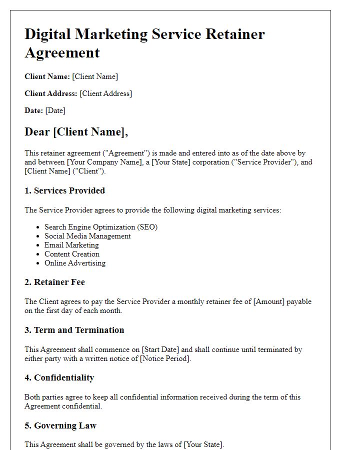 Letter template of digital marketing service retainer agreement