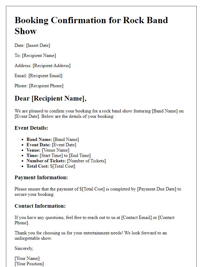 Letter template of booking confirmation for a rock band show.