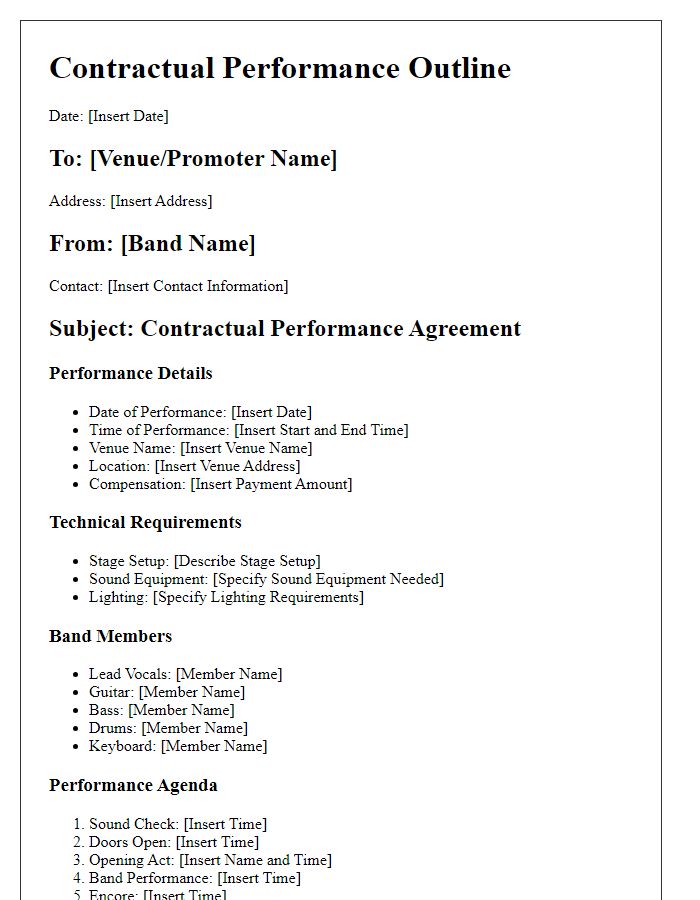 Letter template of contractual performance outline for a rock band.