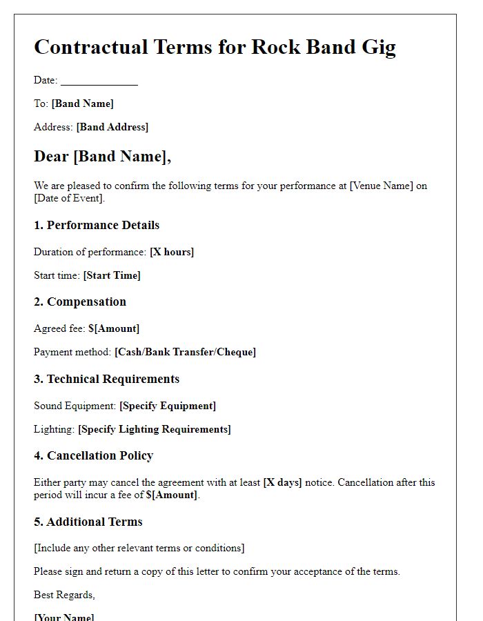 Letter template of contractual terms for a rock band gig.