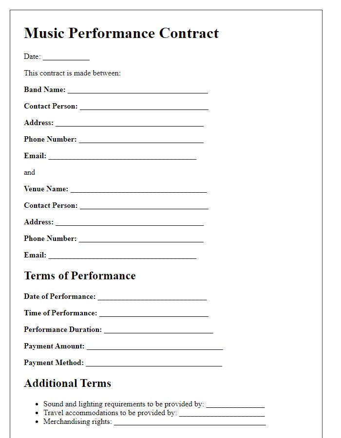 Letter template of music performance contract for a rock band.