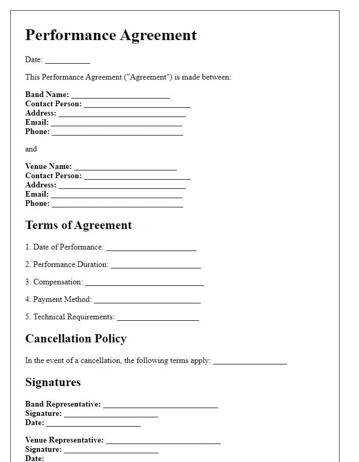 Letter template of performance agreement for a rock band.