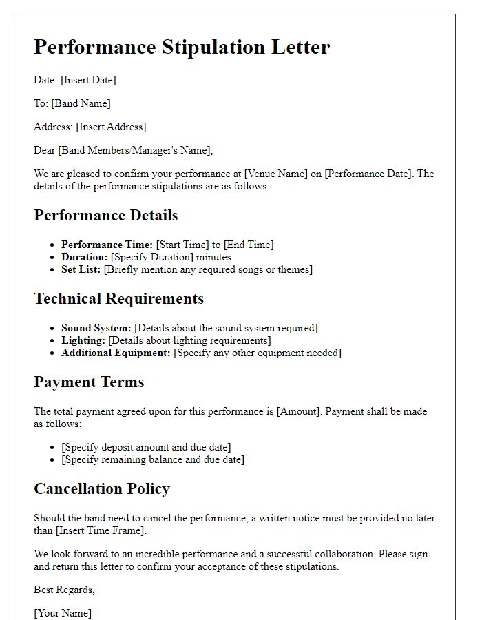 Letter template of performance stipulation for a rock band.