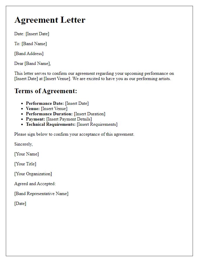 Letter template of show agreement for a rock band.