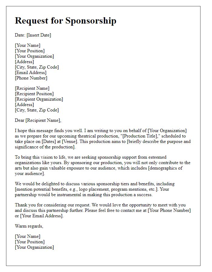 Letter template of sponsorship request for theatre collaboration