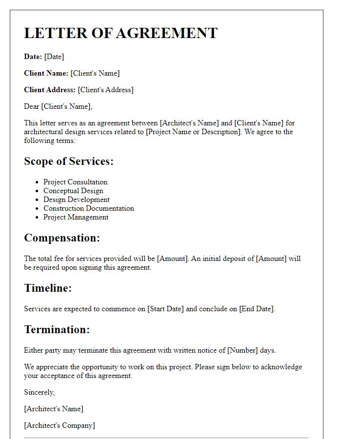 Letter template of agreement for architectural design services