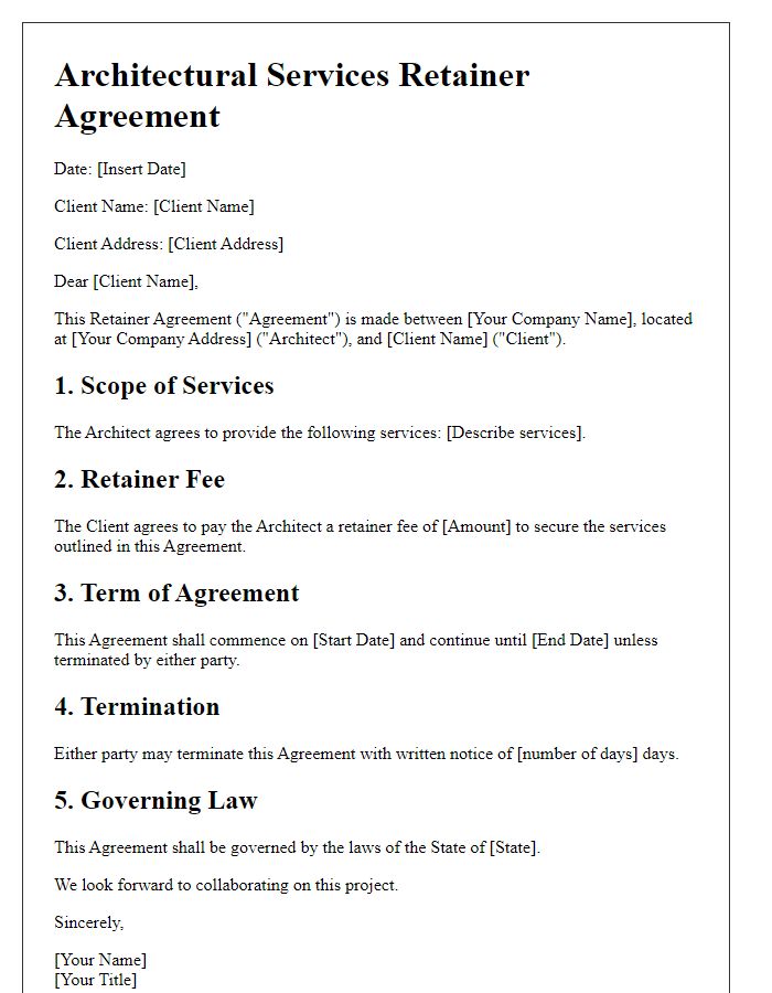 Letter template of architectural services retainer agreement