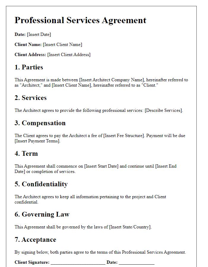 Letter template of professional services agreement for architects