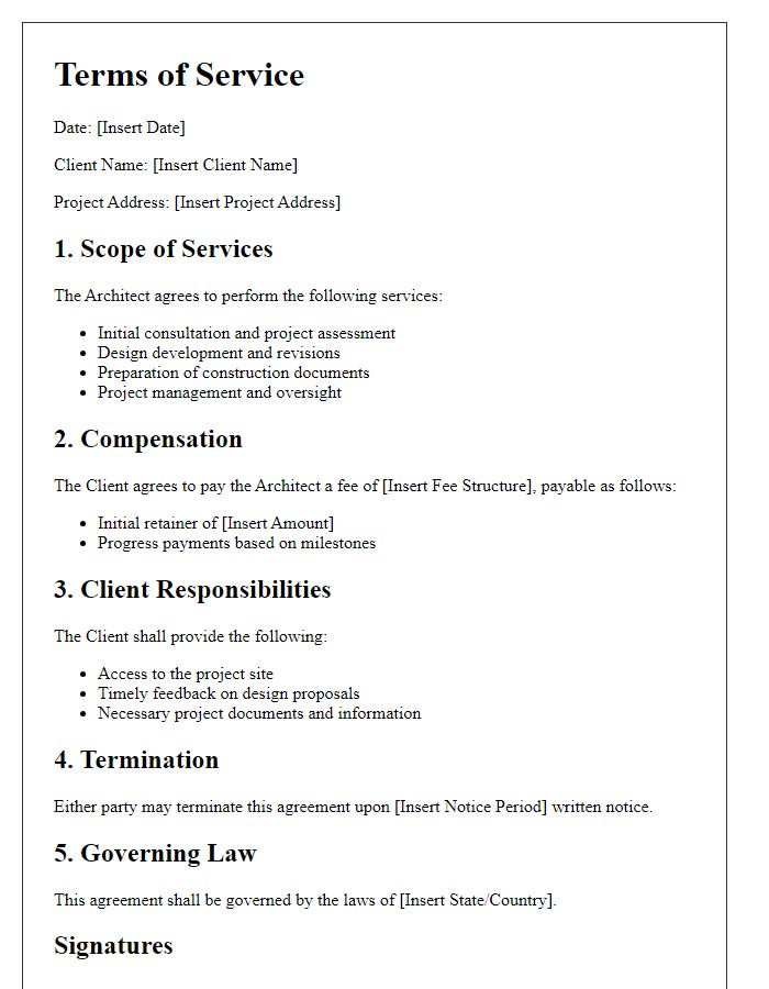 Letter template of terms of service for architecture projects