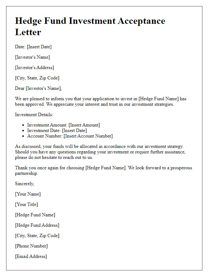 Letter template of Hedge Fund Investment Acceptance Letter