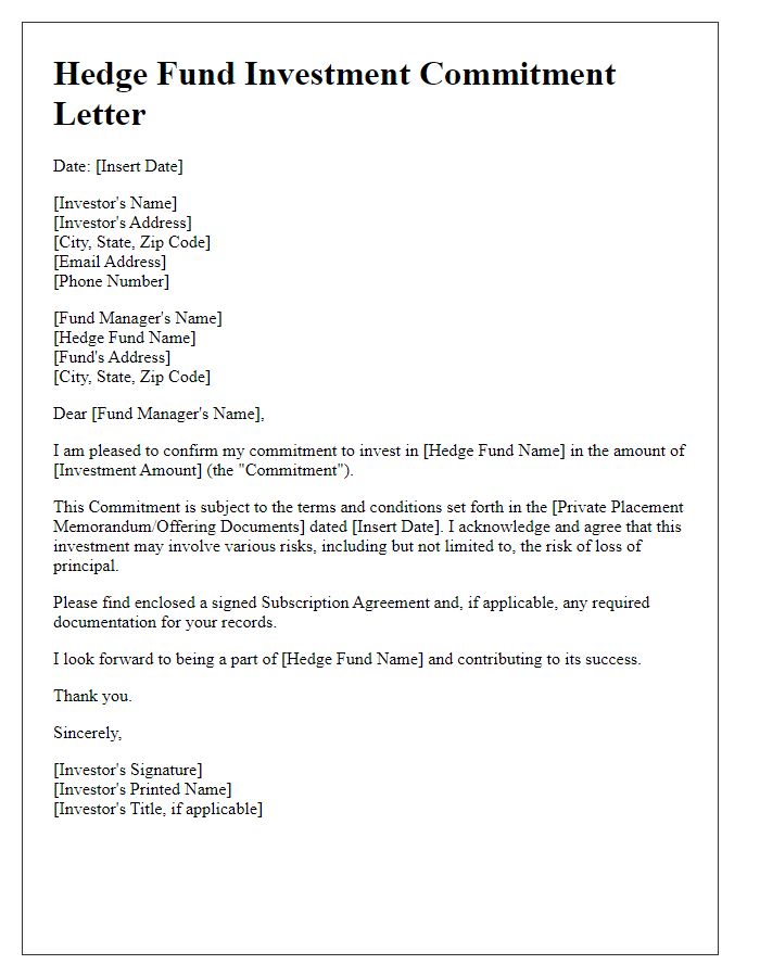 Letter template of Hedge Fund Investment Commitment Letter