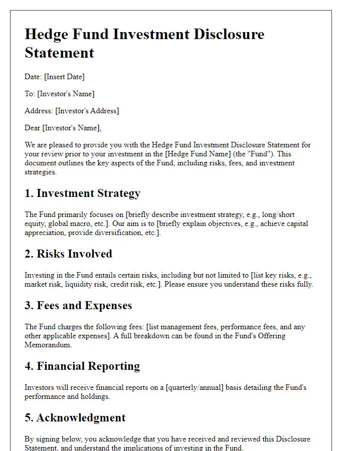 Letter template of Hedge Fund Investment Disclosure Statement